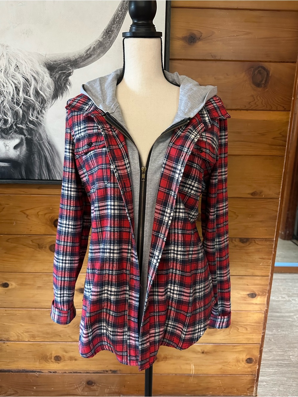 NWOT Ci Sono Red Plaid Utility Jacket with Gray Hoodie Liner